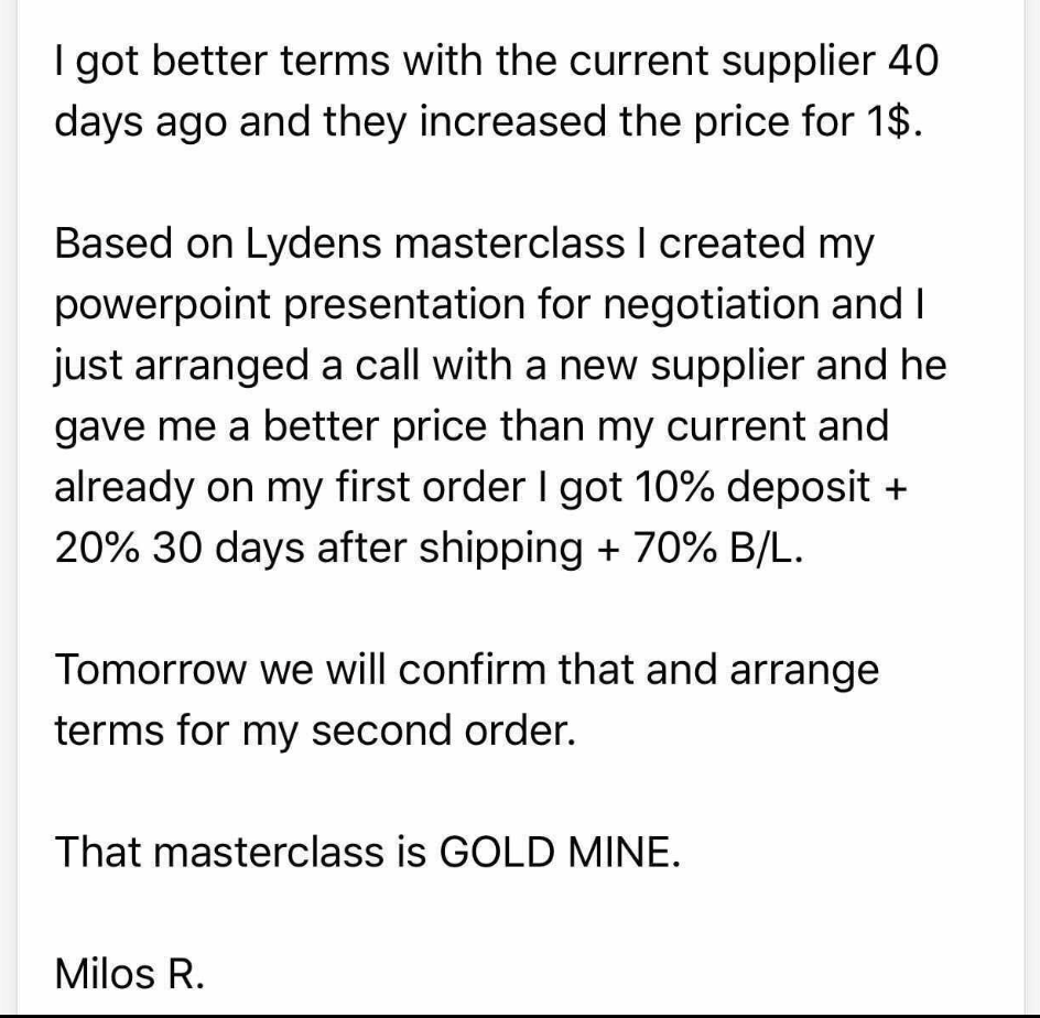 Milos R - Negotiated 10% deposit + 20% 30 days after shipping + 70% B/L
